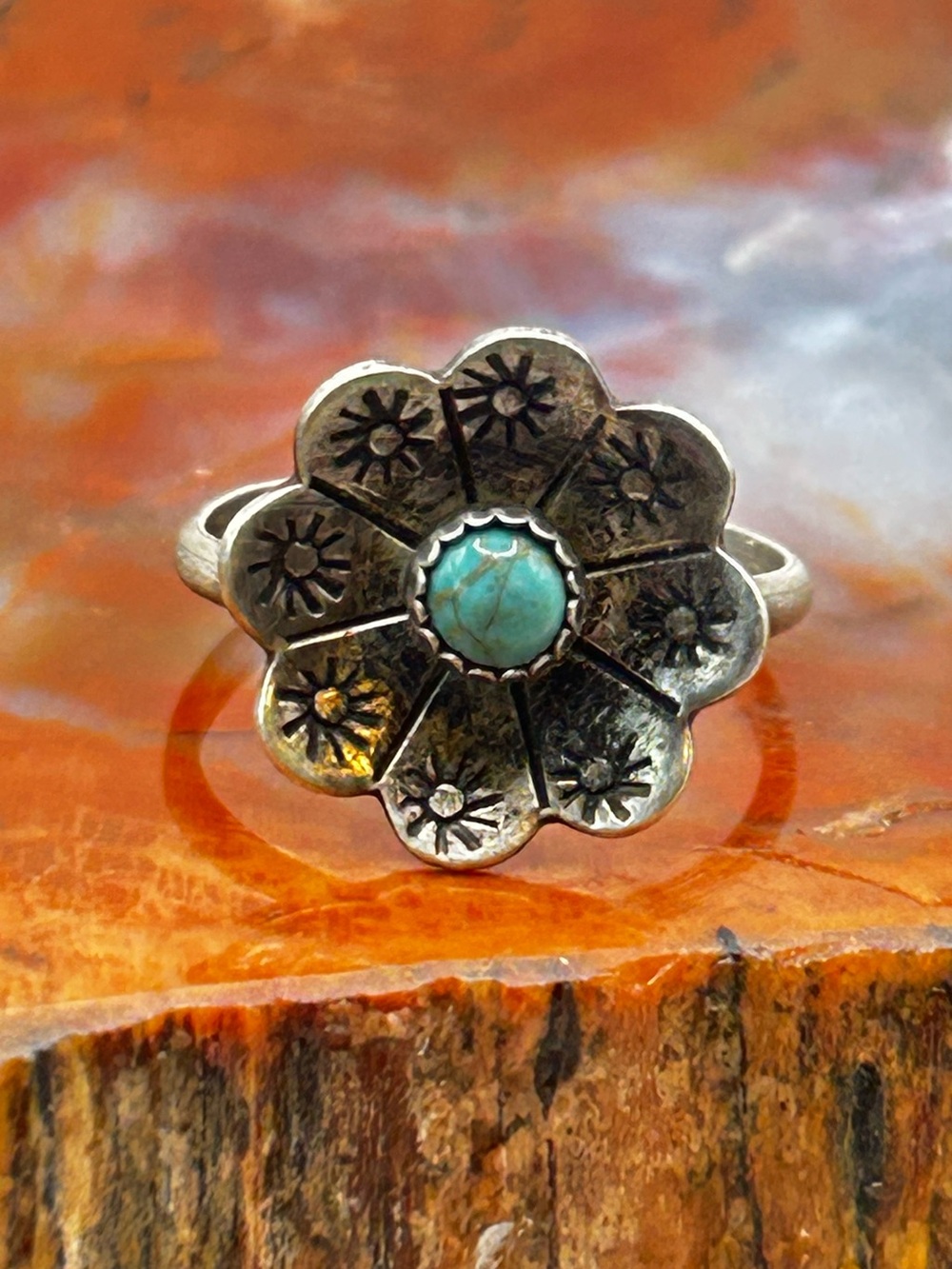 Sterling Silver Turquoise Flower Ring - Size 5